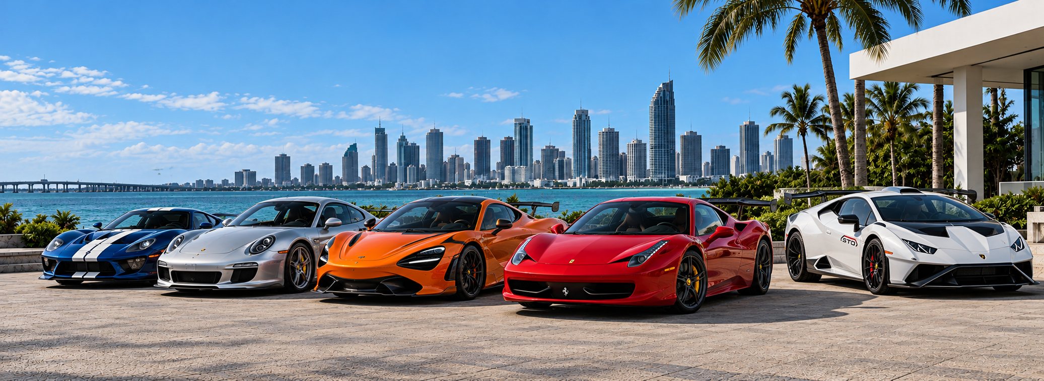 Five exotic cars lined up on a palm-lined Miami waterfront under the downtown skyline: a Ford GT, Porsche 911, McLaren, Ferrari and Lamborghini Huracán STO