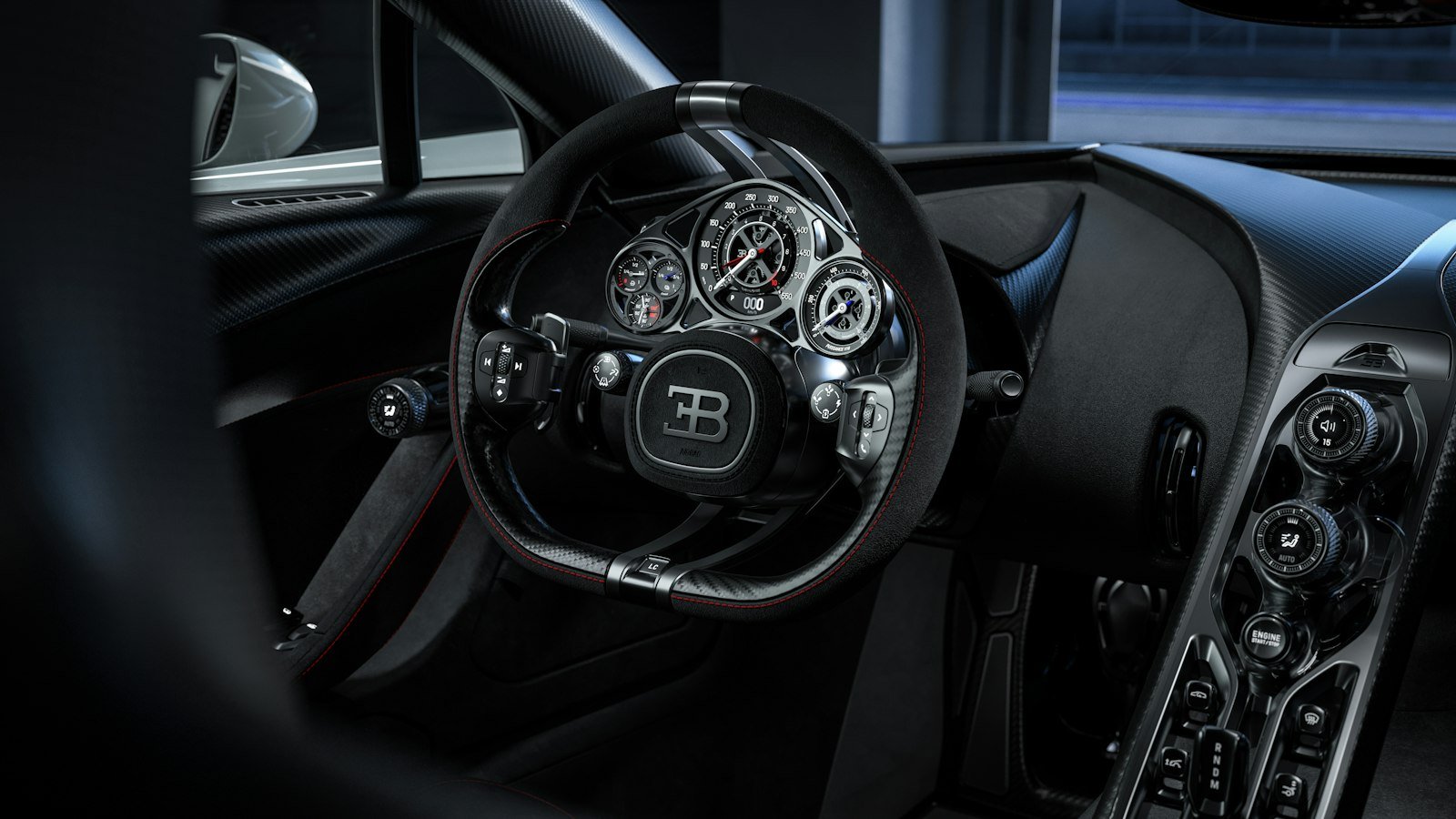 Bugatti Tourbillon cockpit showing the fixed-hub steering wheel and the exposed mechanical instrument cluster