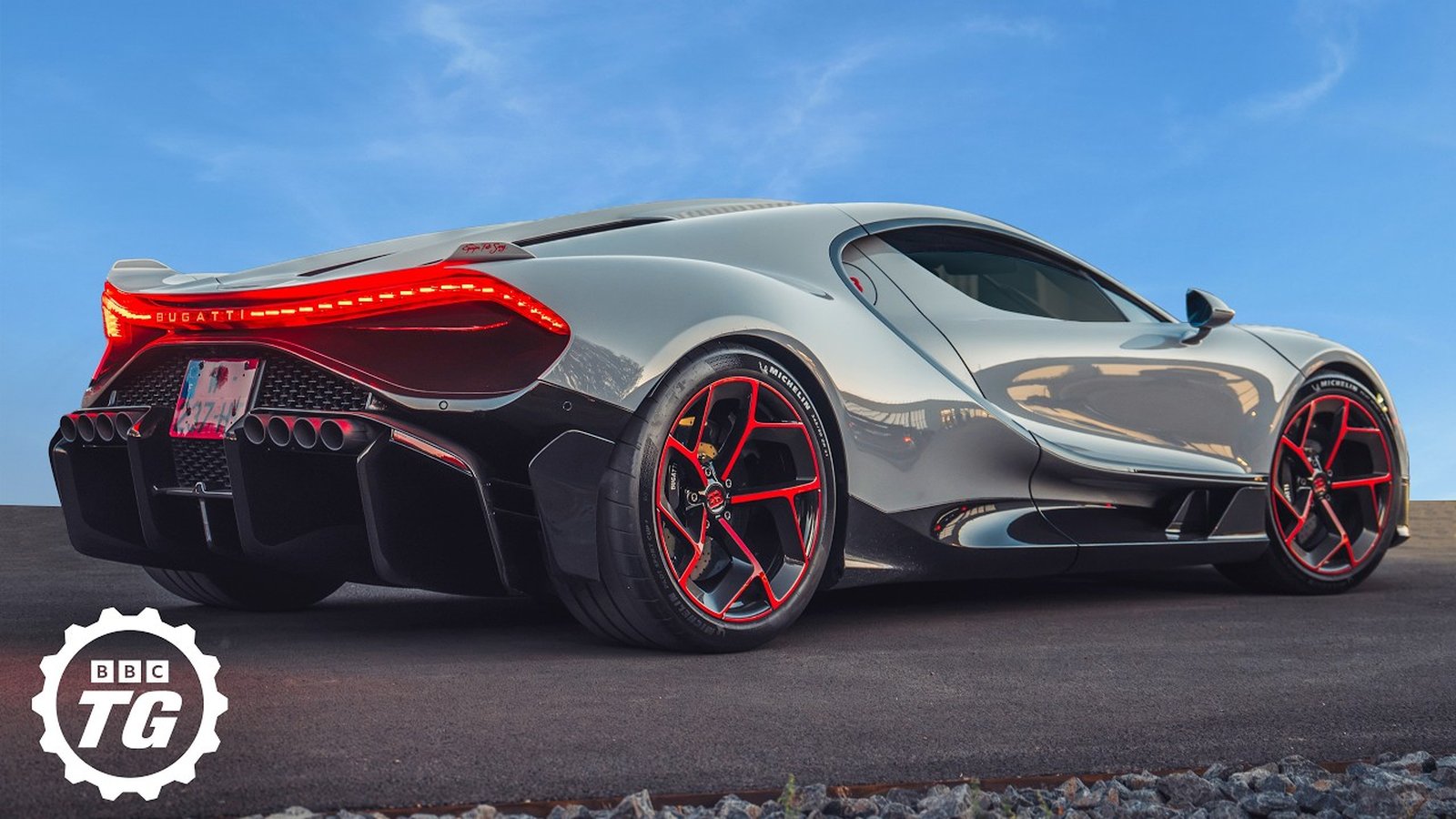 Silver Bugatti Tourbillon with red wheels seen from the rear, the thumbnail of Top Gear's YouTube video