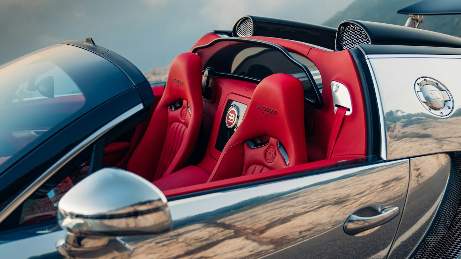 Carmine Red leather seats and polished aluminum door of the one-off Veyron Grand Sport Vitesse