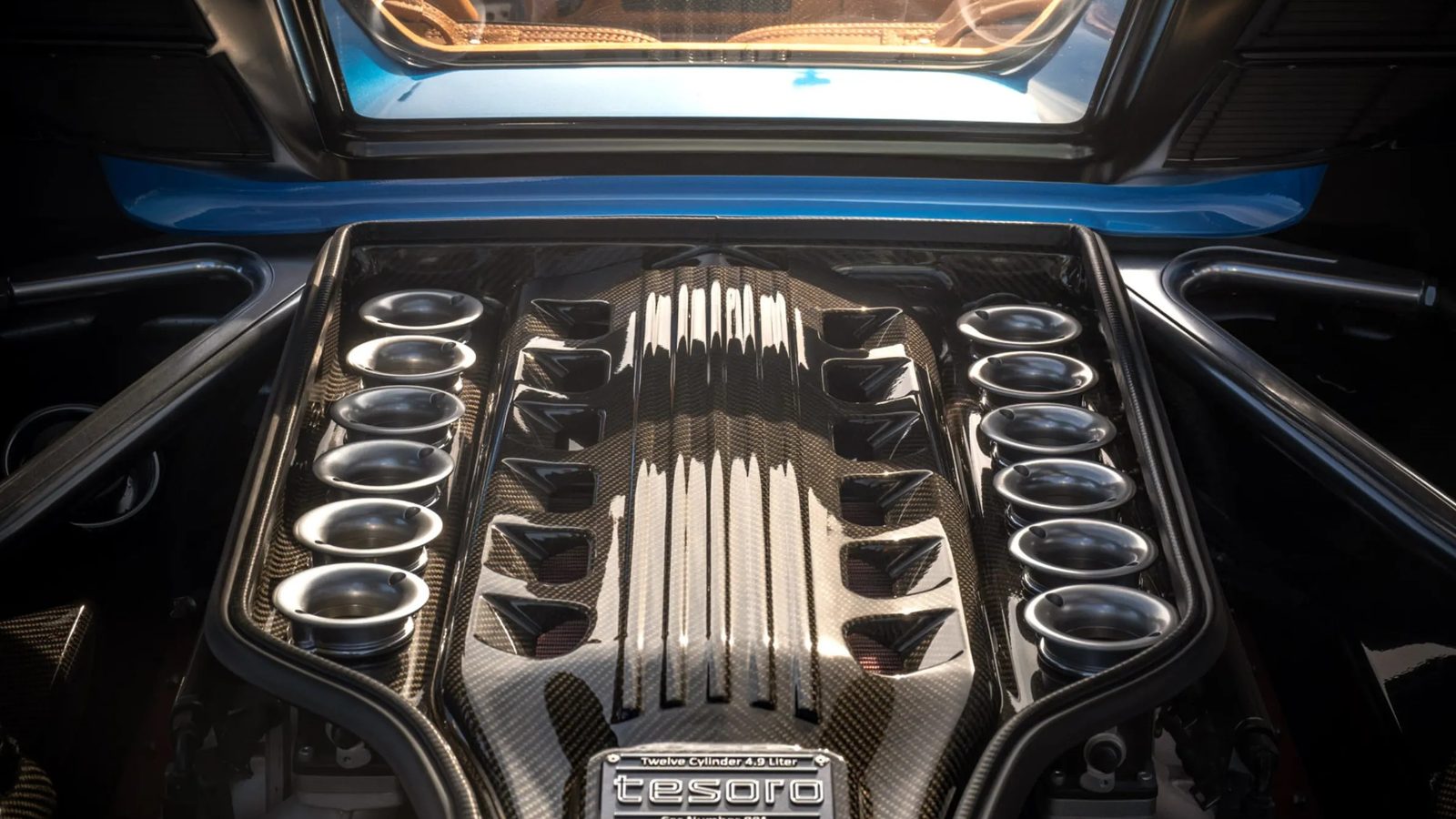 The Tesoro flat-twelve seen through its finned glass engine cover