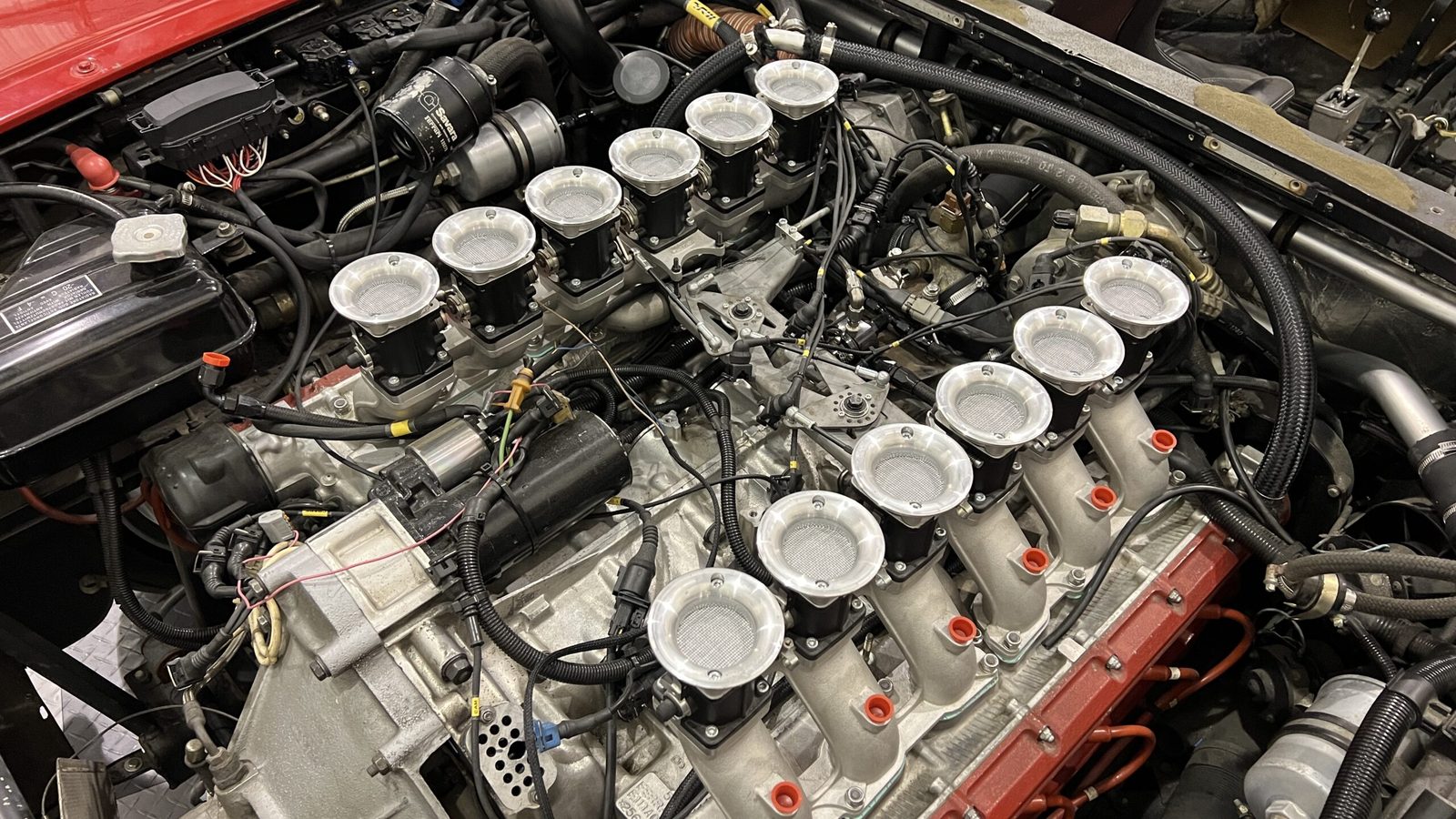 Testarossa flat-twelve engine fitted with twelve individual throttle bodies and filters