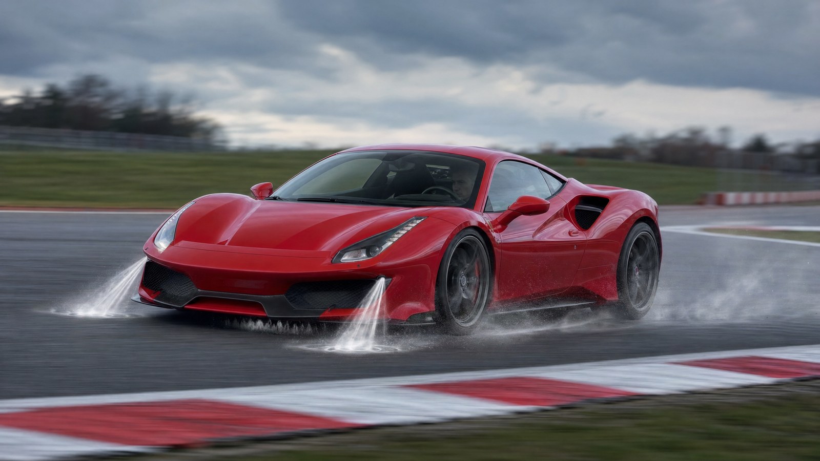 Illustration of a red Ferrari mid-engine supercar cornering on a racetrack while jets of compressed air blast down from beneath the car onto the track surface