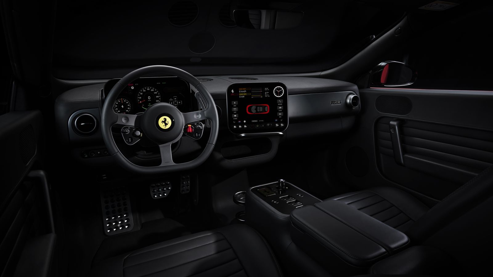 Ferrari Luce dashboard with a three-spoke steering wheel, physical toggle switches, a small central touchscreen and black leather seats