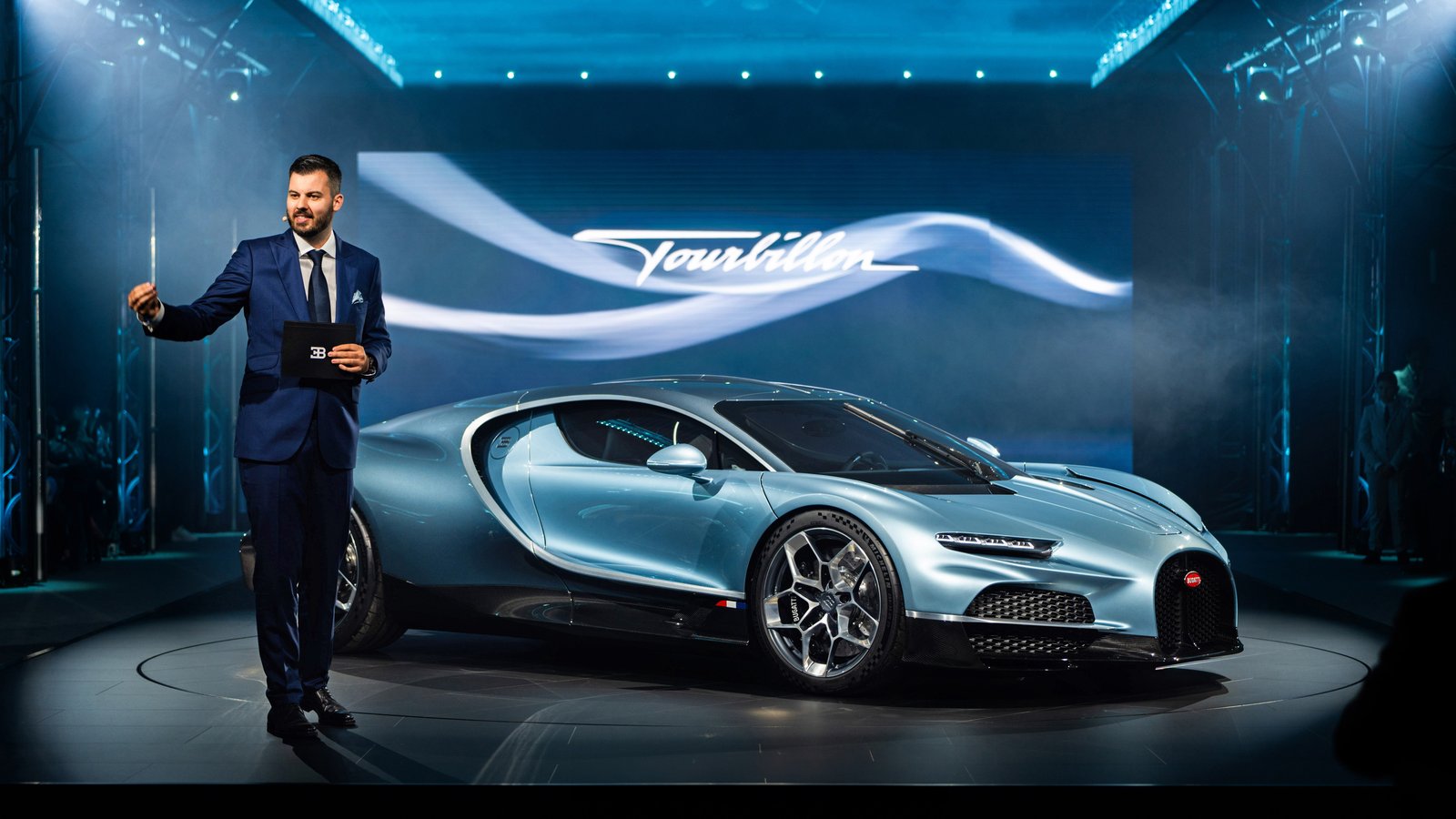 A pale blue Bugatti Tourbillon on stage at its world premiere in Molsheim, France