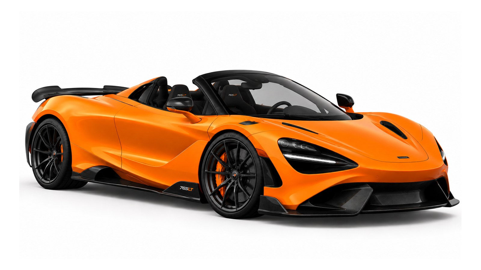 McLaren 765LT Spider in papaya orange, studio rendering on white