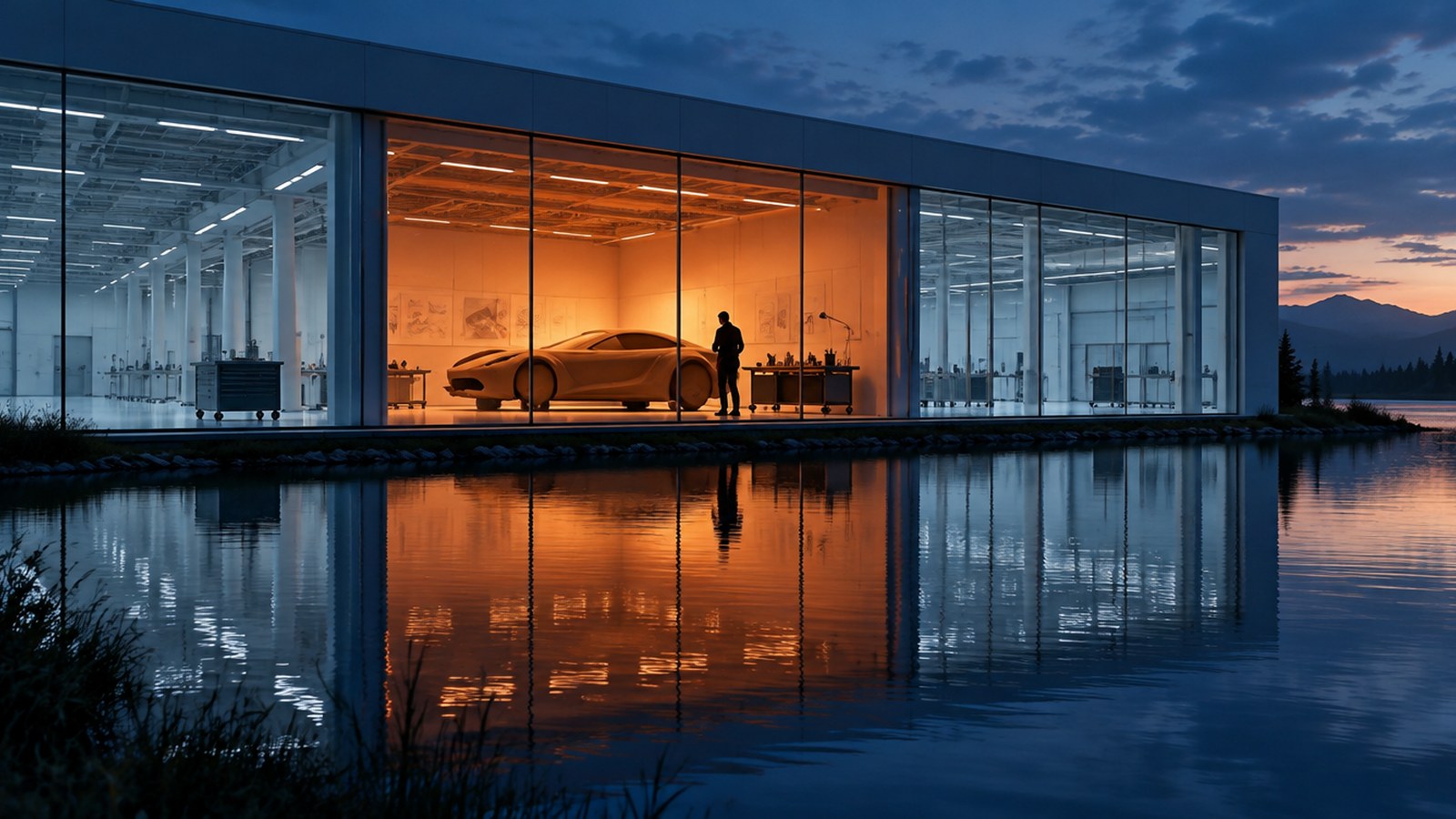 Illustration of a glass-walled car design studio at dusk beside a lake, one bay glowing papaya orange around a clay supercar model and a lone designer