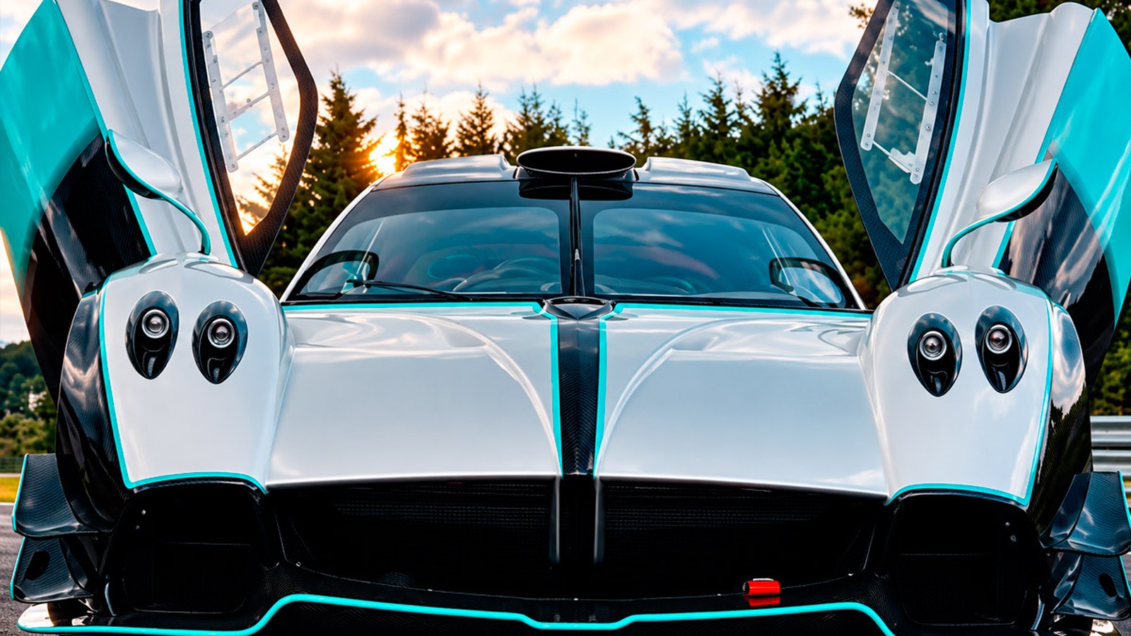 Silver Pagani Huayra R Evo Roadster with its doors raised on the lawn at Pastejé, a crowd and a helicopter behind it