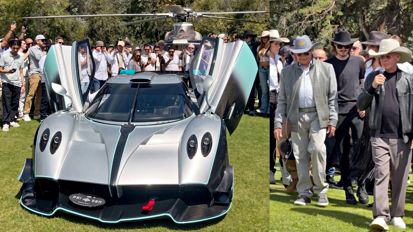 Silver and carbon Pagani Huayra R Evo Roadster with teal accents and both doors raised, surrounded by guests on the lawn at the Pastejé Automotive Invitational in Mexico