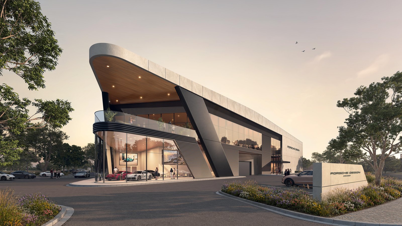 Rendering of the Porsche Design Concours Dallas building at dusk, with a curved, cantilevered white-and-wood facade over a glass entrance, landscaping and a Porsche Design Concours sign by the drive
