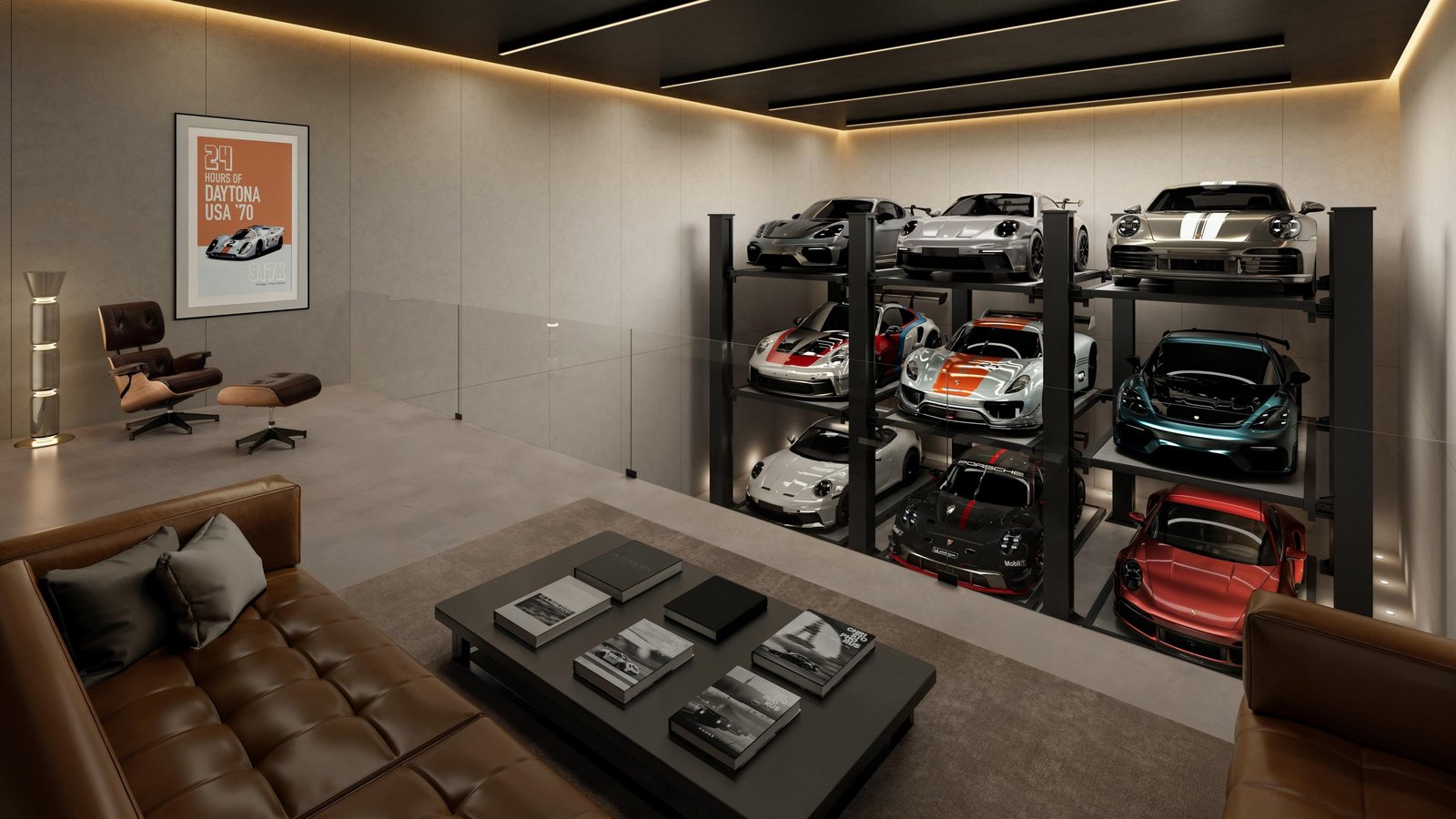Rendering of a Porsche Design Concours studio mezzanine lounge with a brown leather sofa, a coffee table of car books, an Eames-style lounge chair and a 24 Hours of Daytona poster, overlooking a three-level car lift rack holding nine Porsches