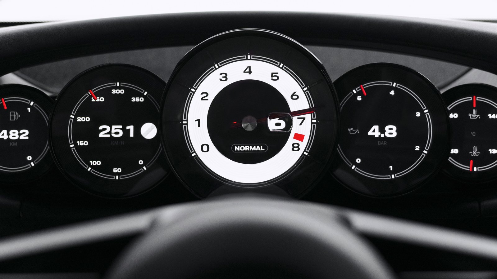 Close-up of the Porsche Mission S instrument cluster: five round dials with a large white rev counter in the center reading to 8,000 rpm in Normal mode, flanked by speed, range, oil pressure and temperature dials