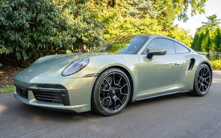 517-Mile Urban Bamboo ChromaFlair 2021 Porsche 911 Turbo S Coupe at Bring a Trailer
